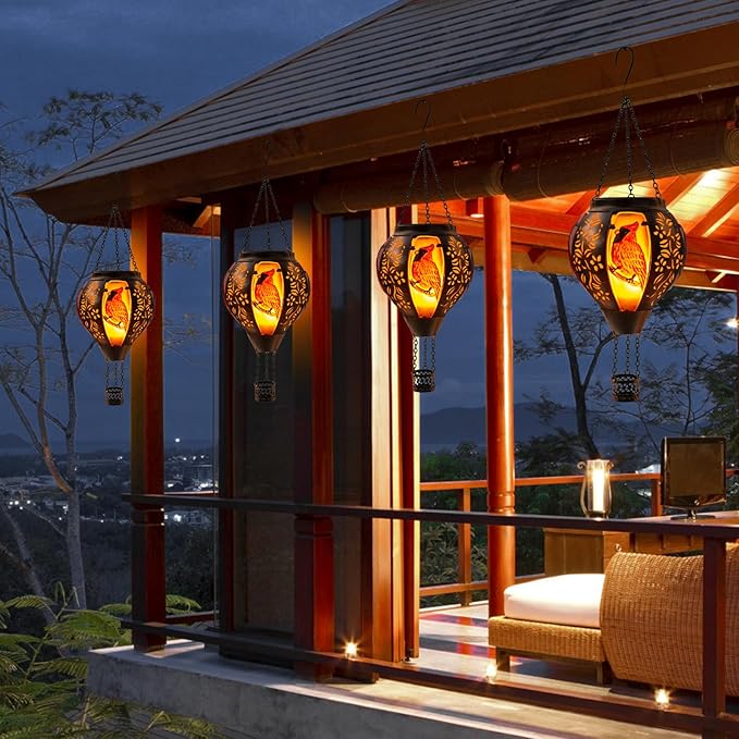 pearlstar Hot Air Balloon Solar Lantern with Flickering Flame Light Outdoor Solar Hanging Lights Waterproof for Garden Yard Farmhouse Patio Pathway Christmas Decoration,Glass&Metel(Cardinal)