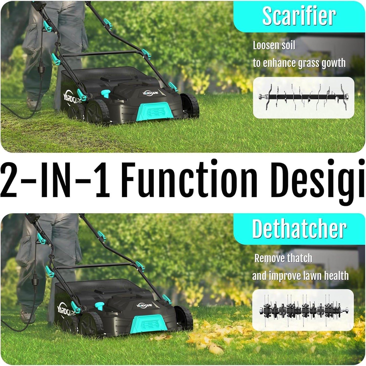16‑Inch 15Amp 2‑in‑1 Electric Dethatcher & Scarifier with 5‑Position Depth Adjustment, 12 Gallon Removable Grass Collection Bag, Foldable Design, Lawn Thatcher for Yard Lawn Garden Care