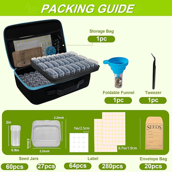 87 Slots Seed Storage Organizer Box with 20 Seed Envelopes, Large Capacity Seed Storage Container with Zipper Bag, Label Stickers, Tweezers, Funnel, Garden Seeds Saver Kit for Vegetable, Flower