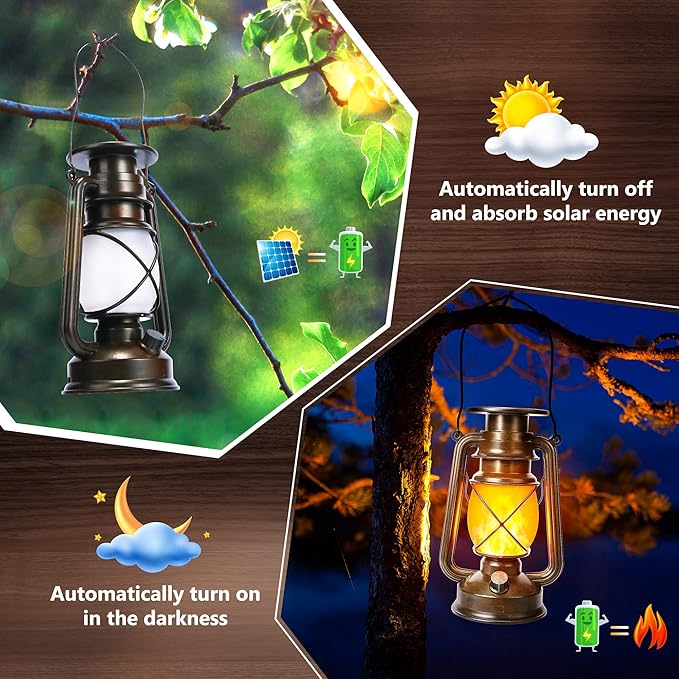 Toodour 2 Pack Hanging Solar Lantern Outdoor - Solar Vintage Lantern with Flickering Flame, 2 Modes Waterproof Solar Hanging Lights for Camping, Patio, Deck, Yard, Path, Outdoor Halloween Decorations