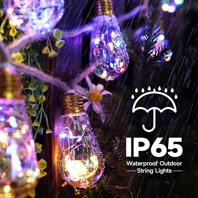 Solar Outdoor String Lights, 2 Pack 20Ft Vintage Rope Hemp Solar Patio Lights, Waterproof Multicolor Solar Powered String Lights With 8 Modes 16 Shatterproof Bulbs for Outside Garden Fence Stairs