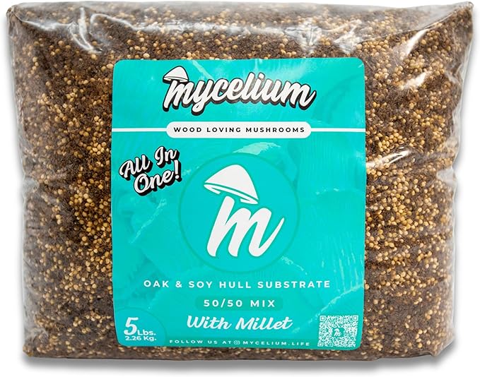 Mycelium Gourmet Mushroom All-in-One Bag - Premium Organic 5LB Blend of Oak & Soy Hull Substrate with Sterilized Millet - Perfect for Variety of Wood-Loving Mushrooms - Home Growing Made Easy