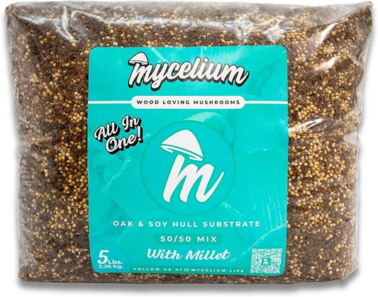 Mycelium Gourmet Mushroom All-in-One Bag - Premium Organic 5LB Blend of Oak & Soy Hull Substrate with Sterilized Millet - Perfect for Variety of Wood-Loving Mushrooms - Home Growing Made Easy