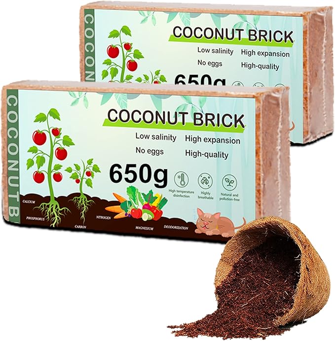 Premium Coco Coir Brick, 1.4Lb High Nutrinent Compressed Coconut Soil, OMRI 100% Organic Low EC & PH Balanced Potting Soil for All Plants Gardening, Hydroponics and Reptile Substrate (650G x 2)