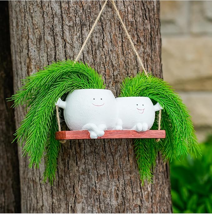 Cute Swing Planter Hanging,Smiley Face Couple Planter Pot,Hanging Plant Face Pot for Indoor Outdoor Plants, (White)
