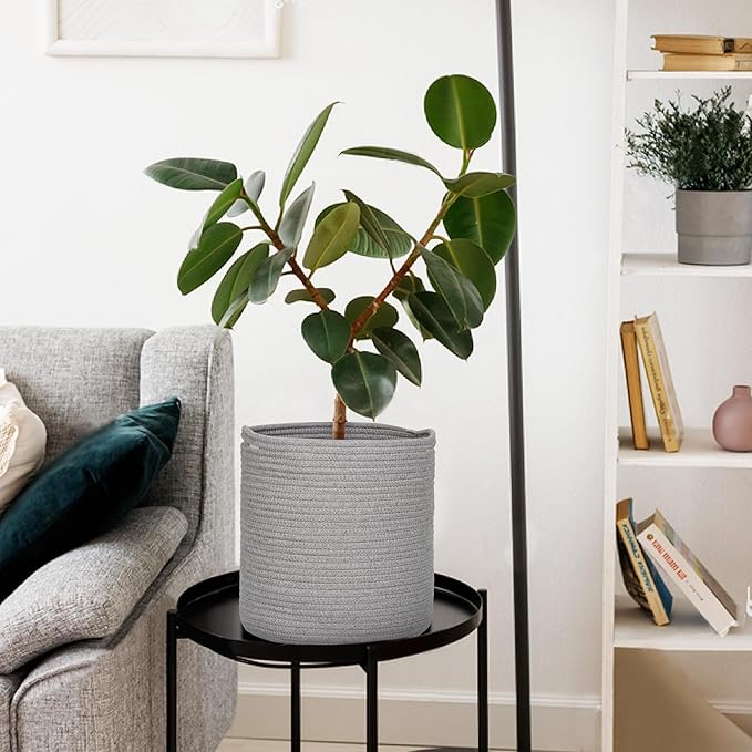 Grey Plant Basket, Woven Basket Planter for 10 inch Pot, Round Indoor Tree Pot Cover, Small Gray Storage Bin Organizer, Decorative Basket for Plants and Home Decor, 11”X11”