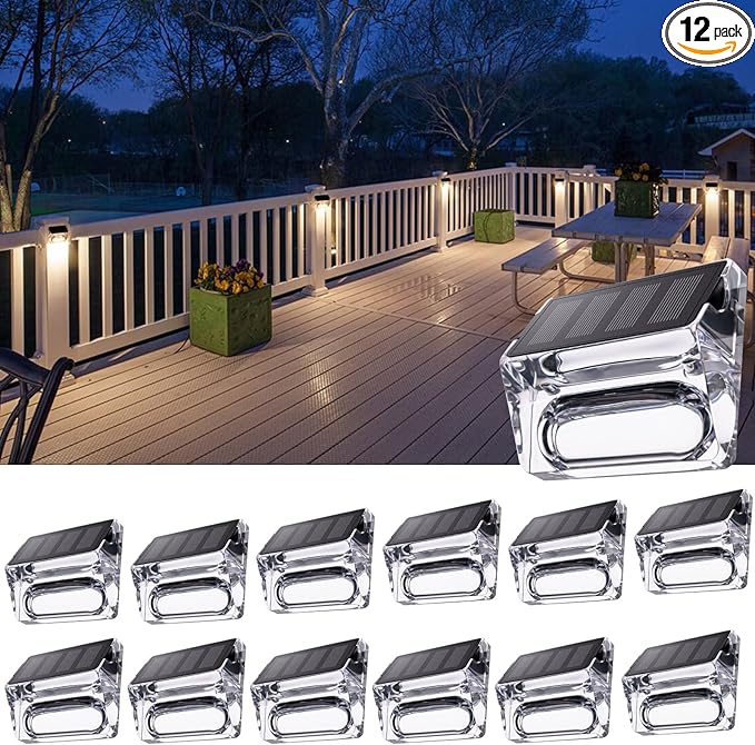 Solar Outdoor Lights, 12 Pack Solar Fence Lights, Deck Lights Waterproof Solar Powered Outside Lighting for Step Railing Wall Pool Stair Yard Garden Patio Pool Decorations (Warm White)