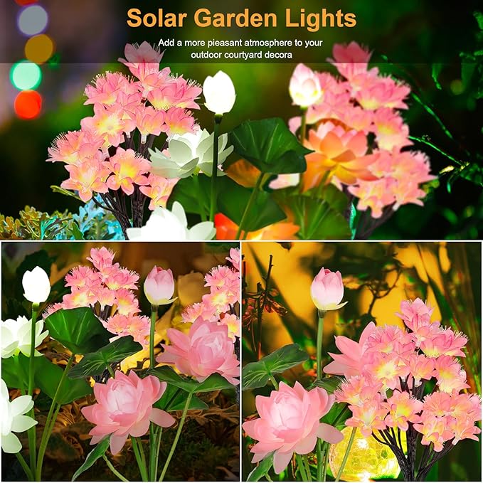 4pack Solar Flower Lights Outdoor Waterproof IP65,Solar Lotus &Peachblossom Garden Decorative Lights Led Flowers Decor Auto On/Off Bright Up to 12Hrs