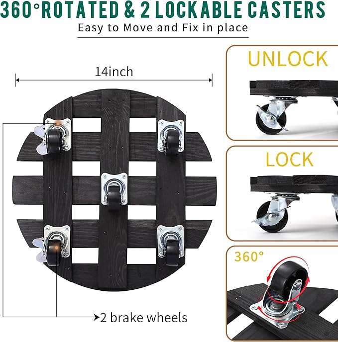 ZXZYHFTY Round Wooden Plant Stand with Wheels, 2 Packs Rolling Plant Stand with 360°Lockable Wheels for Vertical Garden Towers, Vertical Planting Tanks, Plant Pots, Wastebaskets (Black, 14")