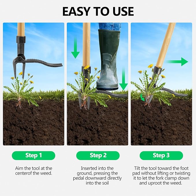 Weed Puller, Stand-Up Weed Puller Tool with Long Handle & 4-Claw Steel Head, 3-Sectioal Pole Design, Garden Hand Weeding Tool - Easily Remove Weeds Without Bending, Pulling,or Kneeling