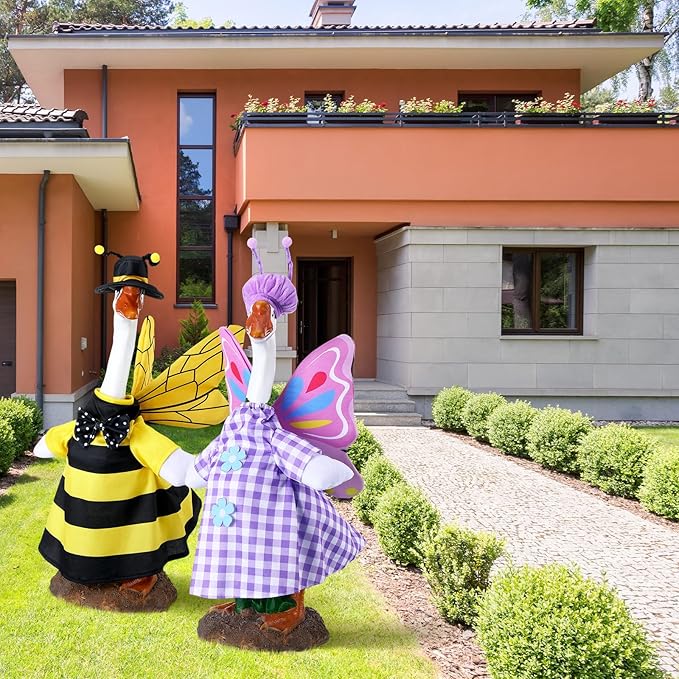 Frienda 2 Set Porch Goose Outfits Clothes 23 Inch Garden Raincoat Flag Bee Fishing Style Goose Costume for Lawn Patio Valentine's Day Decor