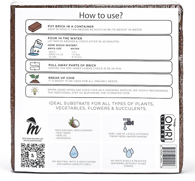 Mycelium Organic Coco Coir Brick 10lbs - Perfect for Potting & Planting, OMRI Certified, Eco-Friendly Soil Mix, Ideal for Indoor Plants, Orchids, Succulents, Cacti and Vegetable Gardening