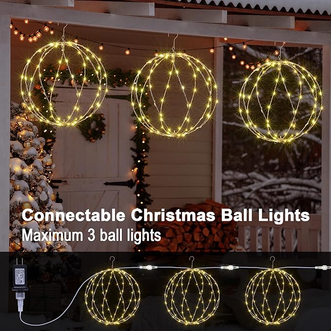 LIGHTSHARE 248LED 12IN+16IN+20IN Light Ball Yard Decoration Pathway Lights White Sphere Light Fold Flat Metal Frame Indoor Outdoor Waterproof Garden Lights, Plug in(Set of 3)