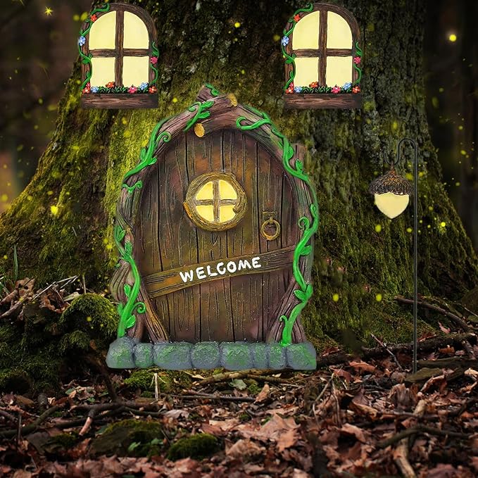 Miniature Fairy Garden Accessories Fairy Door and Windows for Trees, Glow in The Dark Yard Garden Sculpture Lawn Ornament Mini Garden Art Outdoor Decor Accessories with Lantern