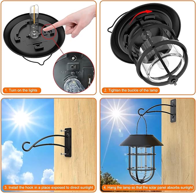 Solar Outdoor Hanging Lights, Waterproof Metal Solar Lanterns with Clear Glass, LED Edison Bulbs Decorative Wall Lanterns with Hooks, No Wiring Required, 2 Pack