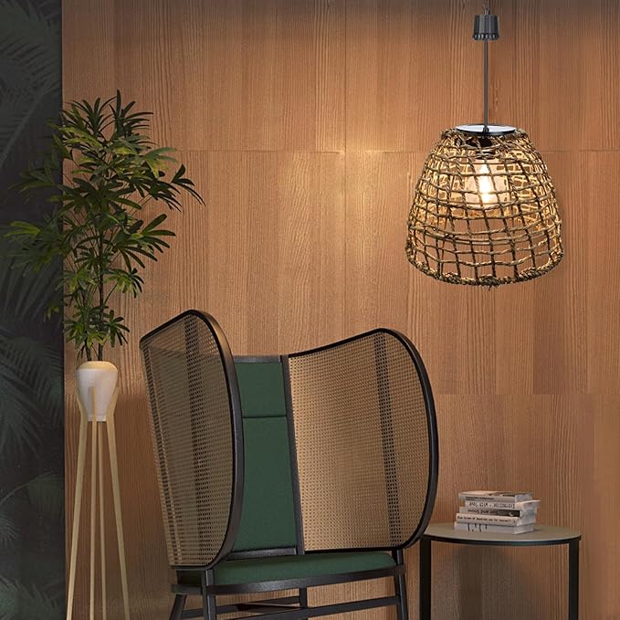 Larekook 6 Hours Timer Battery Operated Outdoor Hanging Light Seagrass Woven Waterproof Porch Gazebo Patio Pendant Lantern Chandelier Lighting Decorative Hollow-Out Auto On/Off Warm White Bulb