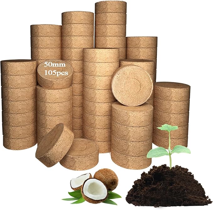 105 Pcs 50mm Compressed Coconut Coir Potting Soil,Coco Coir Pellets for Plants,Coco Fiber Pellets for Planting, Garden, Bonsai, Vegetables & Flower