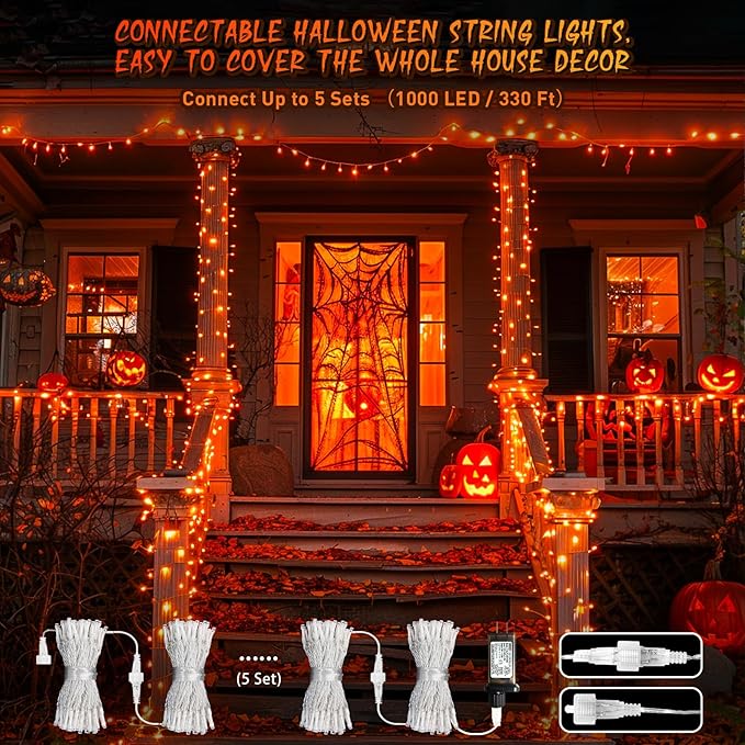 JMEXSUSS 66ft 200 LED Thanksgiving Lights Outdoor, Orange String Lights Indoor Clear Wire, 8 Modes Orange Christmas Lights Plug in for Fall Autumn Harvest Tree Garden Patio Thanksgiving Decorations
