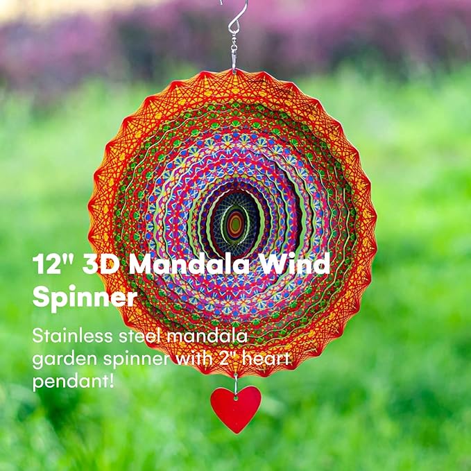 SteadyDoggie 12-Inch Wind Spinner Mandala Thangka - 3D Stainless Steel Laser Cut Metal Art - Reflective Geometric Pattern Kinetic Yard Decoration - Hanging Wind Spinners for Indoor and Outdoor Use