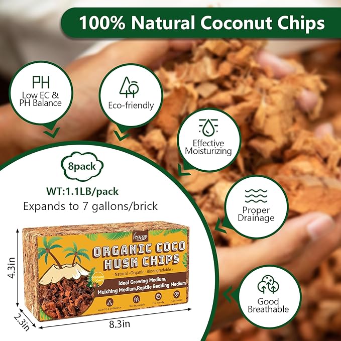 Legigo 8 Pack Coco Husk Chips- 8.8 LB 100% Organic Coconut Coir Chips Brick Potting Soil Mix with Low EC & PH Balance, Compressed Coconut Substrate Coco Chips Mulch Medium for Garden, Flowers, Plants