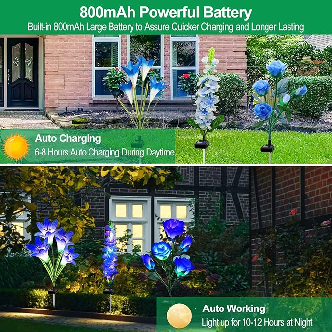 Solar Flowers Lights, 6 Pack Lily Rose Delphinium, Waterproof Gardening Gifts for Mom Grandma Women, Multi-Color Changing Outdoor Lights for Garden Yard Patio Lawn
