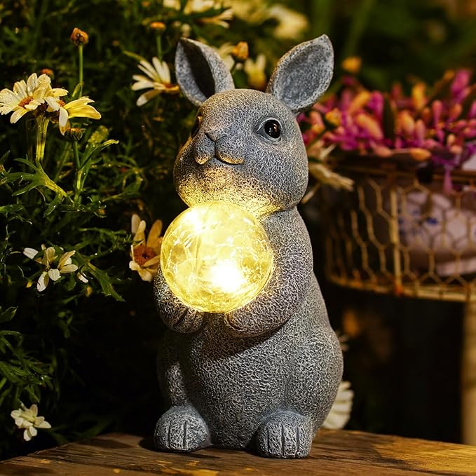 Solar Garden Outdoor Statues Bunny with Gazing Ball - Outdoor Decor Garden Rabbit Statue for Patio, Balcony, Yard, Lawn Ornament - Unique Housewarming Gifts