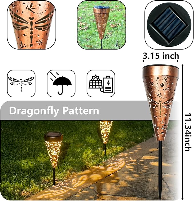 6-Pack Dragonfly Outdoor Decor Solar Pathway Lights, Metal Landscape Lighting for Garden, Lawn, Yard, Patio, Backyard, Pathway, Walkway – gifts for Mother, Women, Men, Grandmother, Grandfather
