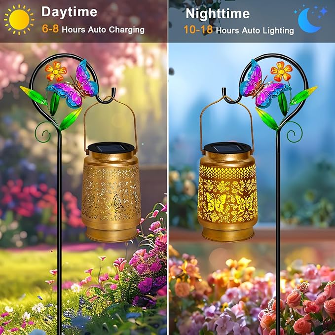 2 Pack Solar Lanterns Outdoor Waterproof,Butterfly Solar Lights Garden Decor Gifts for Mom Women Grandma Decoration Outside for Yard, Patio,Backyard,Porch