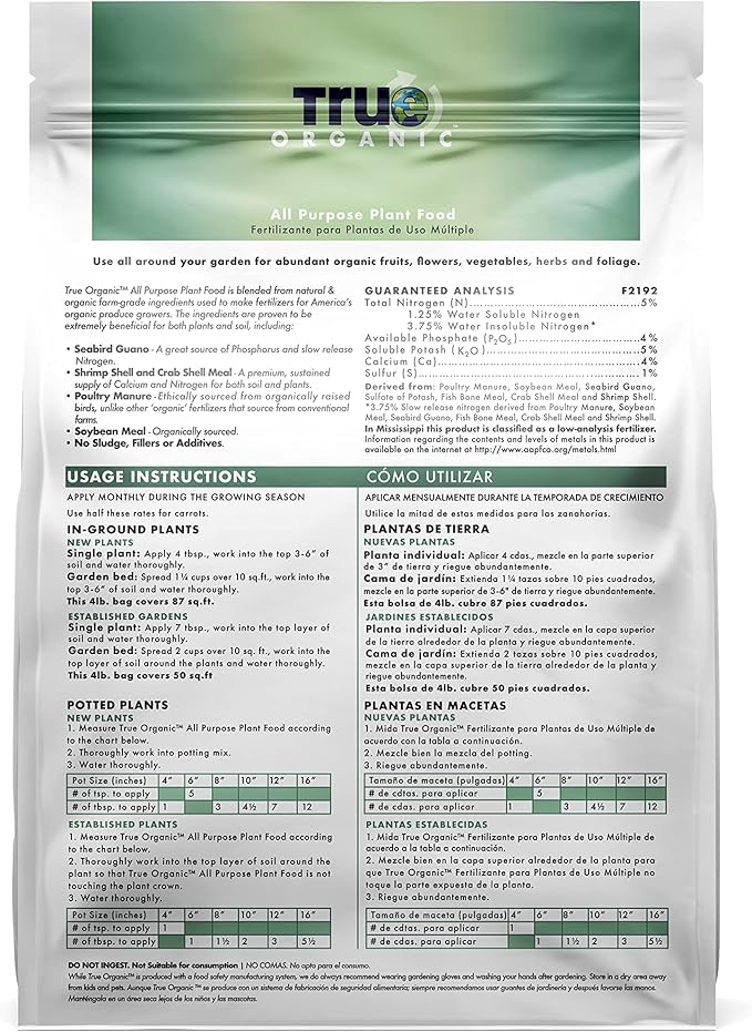 True Organic All Purpose Plant Food – Organic Fertilizer for Fruits, Vegetables, Flowers, and Herbs – 12lb Bag Covers 261 sq. ft.