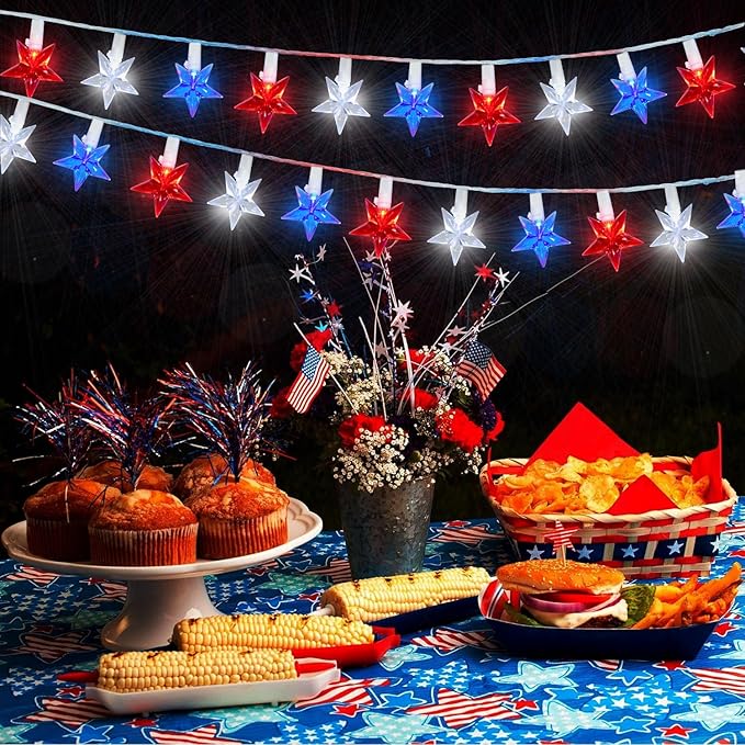 100 LED Red White and Blue Star Lights, 37FT 4th of July Star String Lights Plug in for Home Patio Garden Yard Memorial Day Independence Day Patriotic Decorations Outdoor, White Wire
