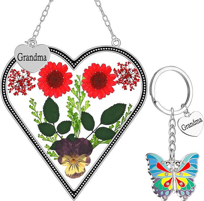 KY&BOSAM Heart Suncatcher Grandma Gifts Glass Butterfly Suncatchers for Window Pressed Flower Between Heart in Glass Metal Engraved Charm Gift for Women Mother's Day Valentine's Birthday Christmas