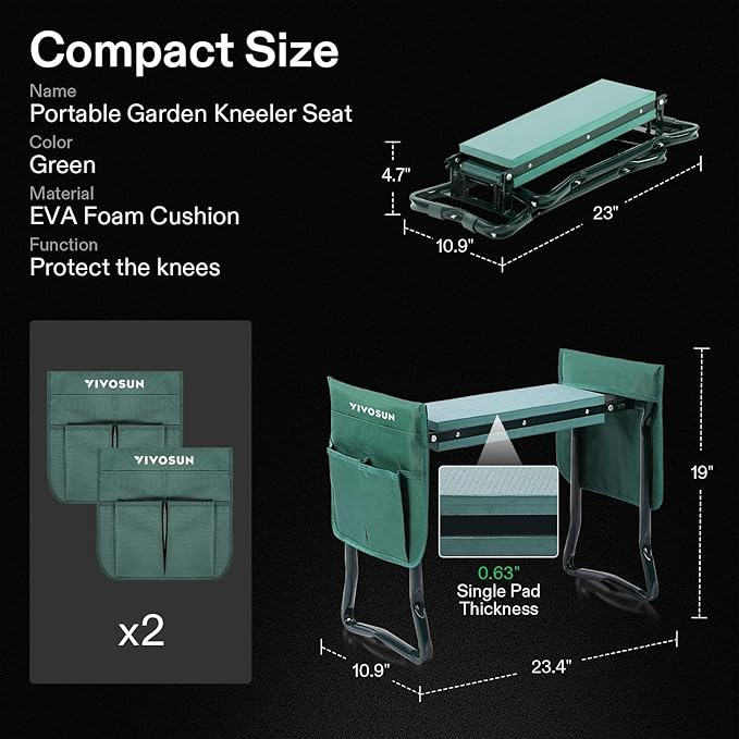 VIVOSUN Garden Kneeler and Seat, 10.9" Wider Foldable Gardening Stool, Heavy Duty Garden Bench, EVA Foam Pad & 2 Tool Bags, Gardening Tools for Women Men Father Mother, Portable Outdoor Garden Tools