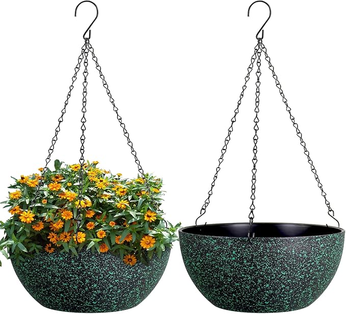 10inch Hanging Planters for Outdoor Indoor Plants with Drainage Holes and Chain, 2 Pack Round Hanging Flower Pots for Garden Home Porch Decor, Black with Green Speckles