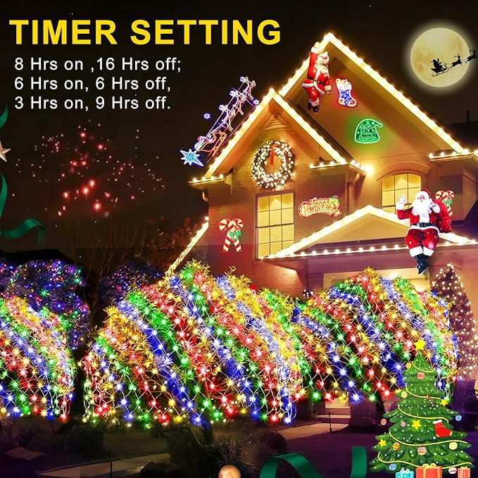 KNONEW 2-Pack 360 LEDs Christmas Net Lights 13ft x 9.8ft Outdoor Mesh Lights Connectable Waterproof 8 Modes & Timer Plug-in Net Fairy Lights for Bushes Garden Party Wedding Holiday,Multicolor