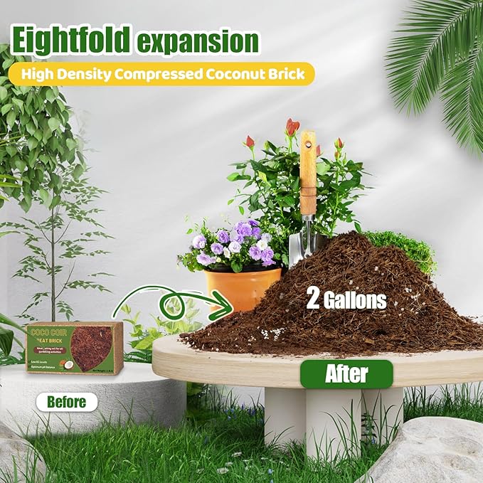 Coco Coir Bricks for Plants 2.8LB, All Natural Organic Compressed Coconut Coir Fiber, Easy to Expand, Low EC, pH Balanced, Ideal for Vegetables, Herbs, Flowering Plants (2 Pcs)