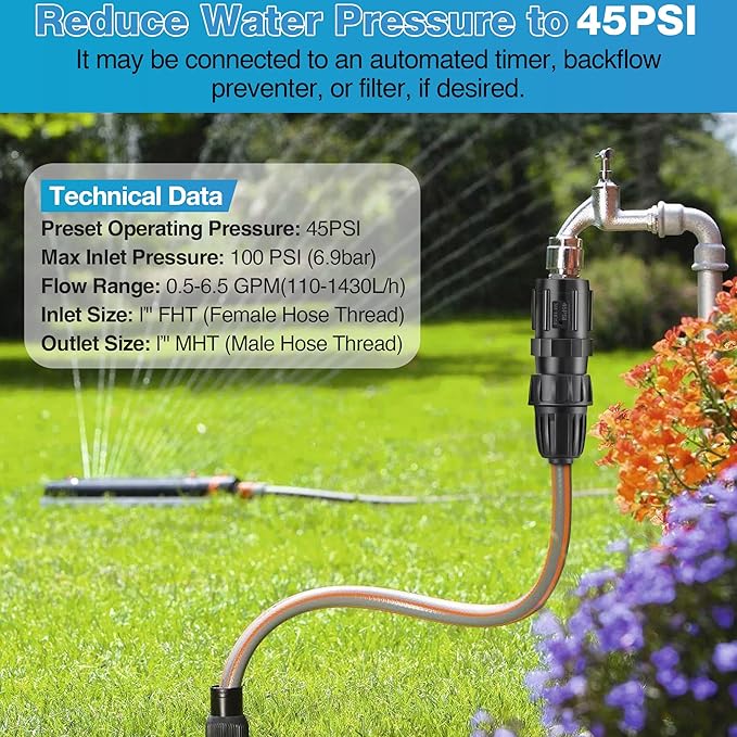 4 Pcs 45 PSI Drip Irrigation Pressure Regulator Faucet Adapter Kit, 2 Pcs 3/4" FHT x 3/4'' MHT Pressure Regulator, 2 Pcs 1/2 Inch Drip Irrigation Tubing Adapter for Drip Irrigation System