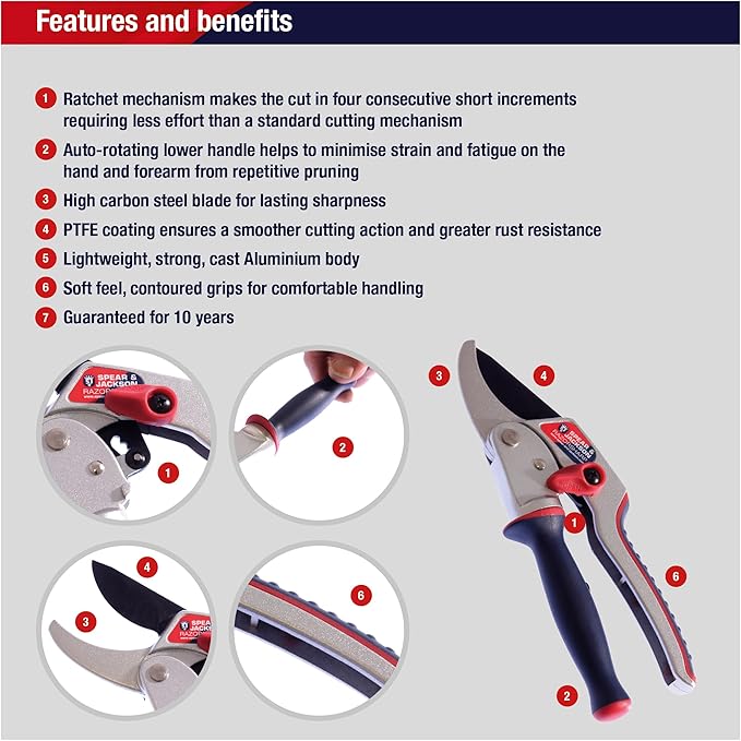 Spear & Jackson 6458RS Razorsharp Ratchet Anvil Pruners / Pruning Shears with Rotating Ergonomic Handle, Blue, 21.5 x 6.5 x 2.5 cm