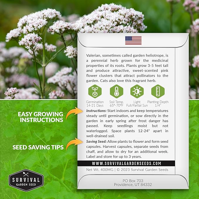 Valerian Seeds for Planting - 2 Packets with Instructions to Plant and Grow Medicinal Herb Valeriana Officinalis in Your Home Herb Garden - Non-GMO Heirloom Variety - Survival Garden Seeds