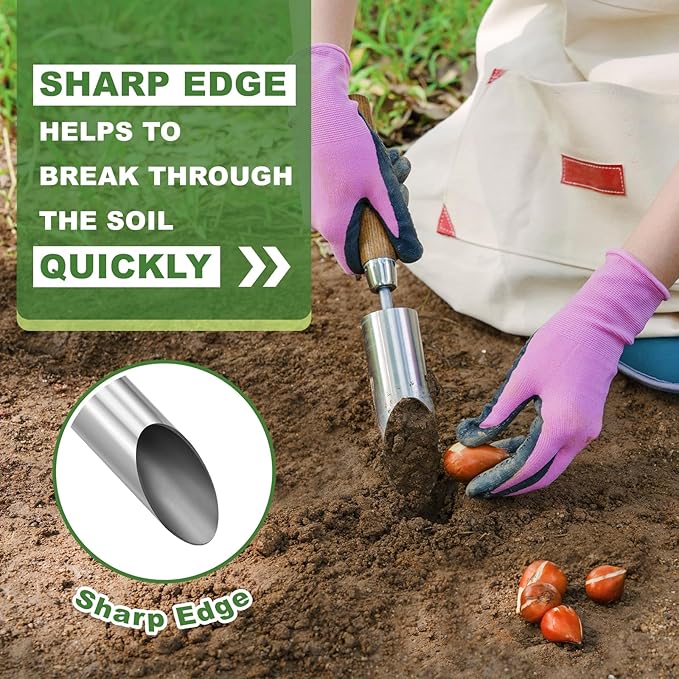 Small Bulb Planter Tool, Sharp Edge Bulb Planter for Breaking Through Soil, Heavy Duty Stainless Steel Bulb Planter Tool, Small Bulb Digger with Comfortable Grip Wood Handle for Seed Planting