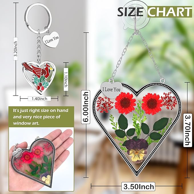 KY&BOSAM Heart Suncatcher Gift for Mom I Love You Heart Wind Chime for Windows Pressed Flower Between Heart in Glass and Metal Engraved Charm Birthday Gift for Women Mother's Day Valentine's Christmas