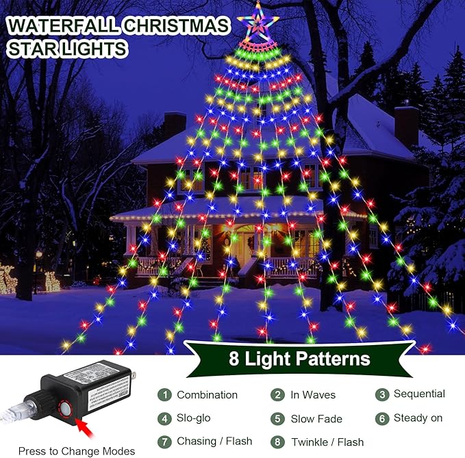 Christmas Decoration Lights, Outdoor Christmas String Lights 320 LED 11.5 Ft Waterfall Tree Lights with Big Star Topper 8 Light Modes for Christmas New Year Holiday Garden Yard Indoor Outdoor Decor