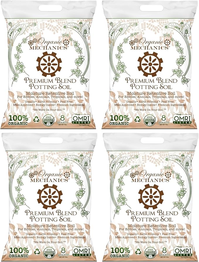 Premium Blend Potting Soil, 8 Quarts (Pack of 4) – Moisture Retentive with Compost, Aged Pine Bark, Worm Castings, and Perlite for Containers, Transplanting & More – Peat-Free