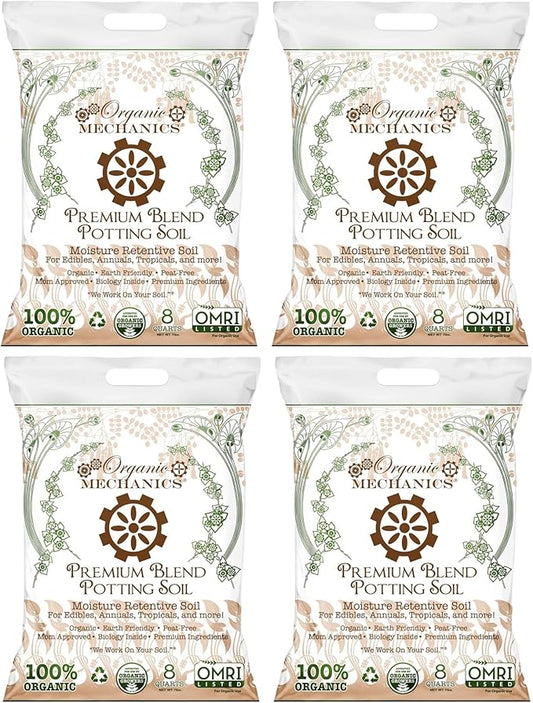 Premium Blend Potting Soil, 8 Quarts (Pack of 4) – Moisture Retentive with Compost, Aged Pine Bark, Worm Castings, and Perlite for Containers, Transplanting & More – Peat-Free