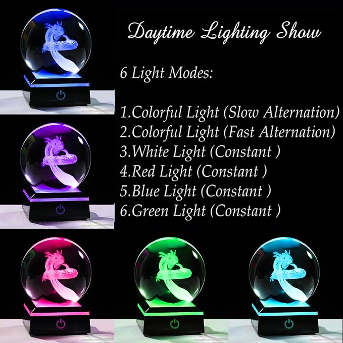 Axolotl Glass Animals Gamer Room Decor - 3D Crystal Ball Night Light Statue, 3.15'' Gamer Gifts for Kids