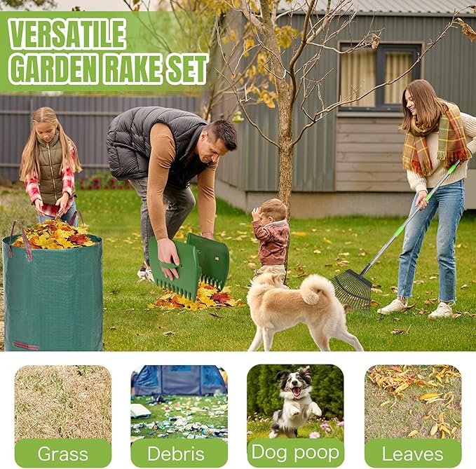 JOYHALO 65 Inch Rake for Leaves, 25 Tines Metal Leaf Rake Set with 32 Gallon Leaf Bags Leaf Scoops, Garden Rake 18in Wide, Rakes for Gardening Lawns Yard Outdoor Camping Shrub Grass Bush