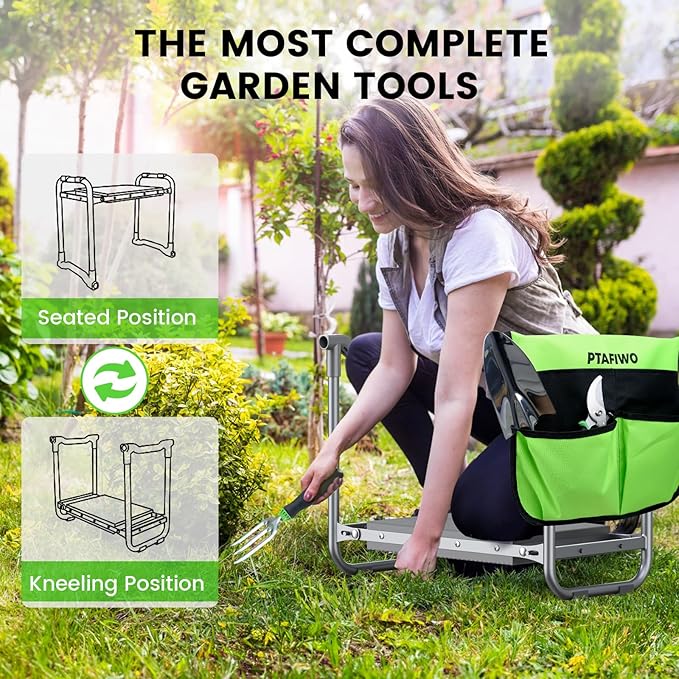 Upgraded Garden Kneeler and Seat, Garden Stool with Thicken & Widen Soft Kneeling Pad, Heavy Duty Gardening Stool with 2 Garden Tool Bags & 4 Garden Tools, Gardening Gifts for Women Mom Men Seniors