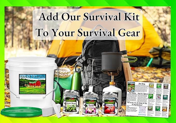 B&KM Farms 20,000+ Survival Seed Kit 5+ Year Supply. 30 Fruit & Vegetable Non-GMO Heirloom Seeds for Planting a Home Garden. Secure Emergency Weather-Proof Bucket