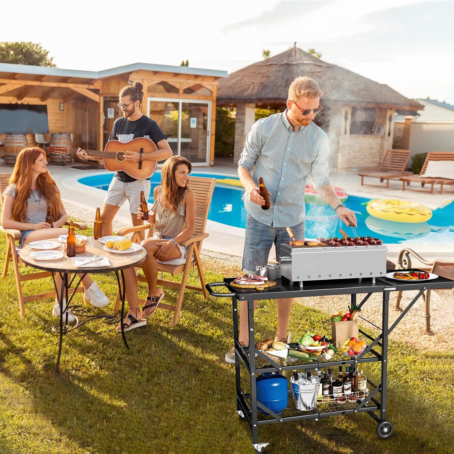 Himix Folding Grill Cart, 3 Tier Outdoor Grill Table with Side, 4 Hooks, Pizza Oven Cooking Prep Table, Portable Outdoor Bar Cart Grill Station