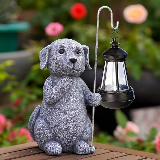 Dog Statue with Solar Lantern - Outdoor Decor Dog Figurines for Garden Lawn Patio Balcony, Outdoor Statues Unique Gifts for Women Moms Grandma