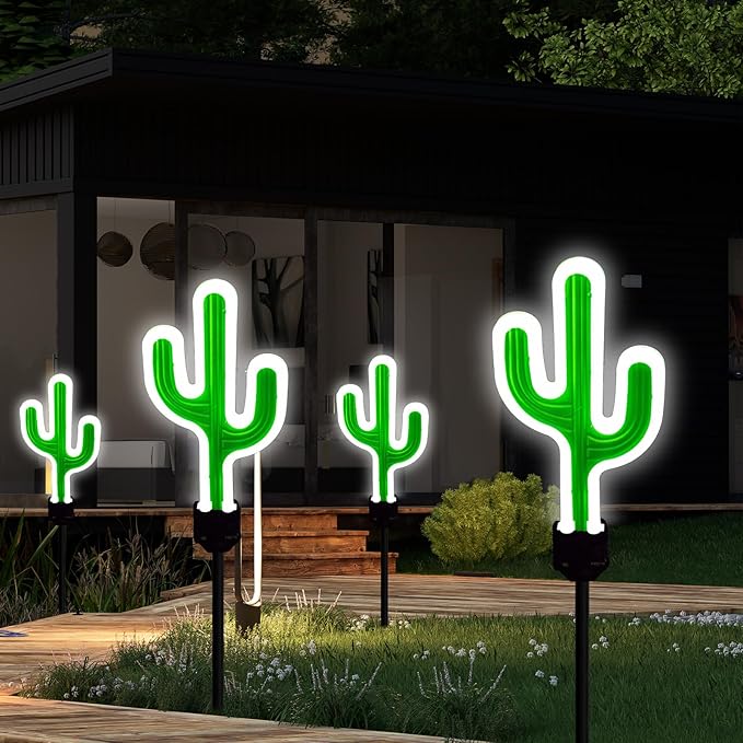 Solar Cactus Neon Lights Outdoor Decor- 2 Pack 41.3 in Gifts for Mom Woman, Garden Stake Decorative LED Lights Waterproof Path Lighting for Christmas Yard Lawn Patio Walkway Driveway Sidewalk Decor